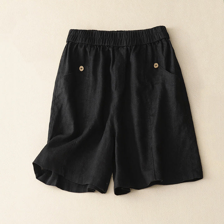 Buddha Stones Sommer Casual Buttons Plain Cotton Damen Shorts mit Taschen