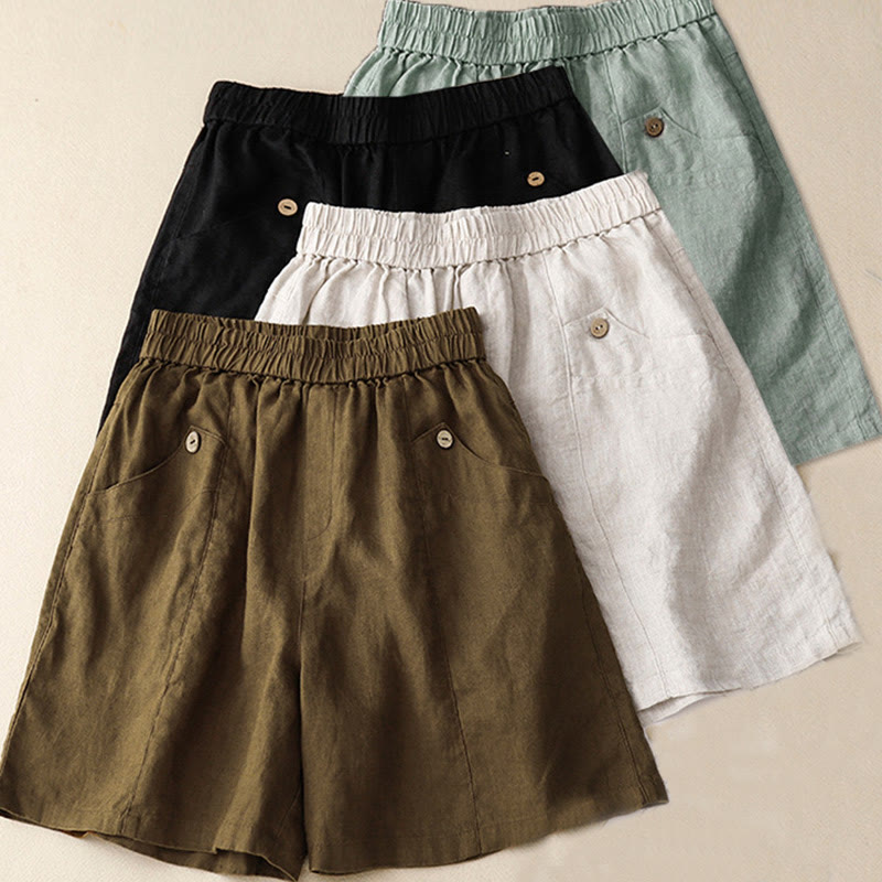 Buddha Stones Sommer Casual Buttons Plain Cotton Damen Shorts mit Taschen