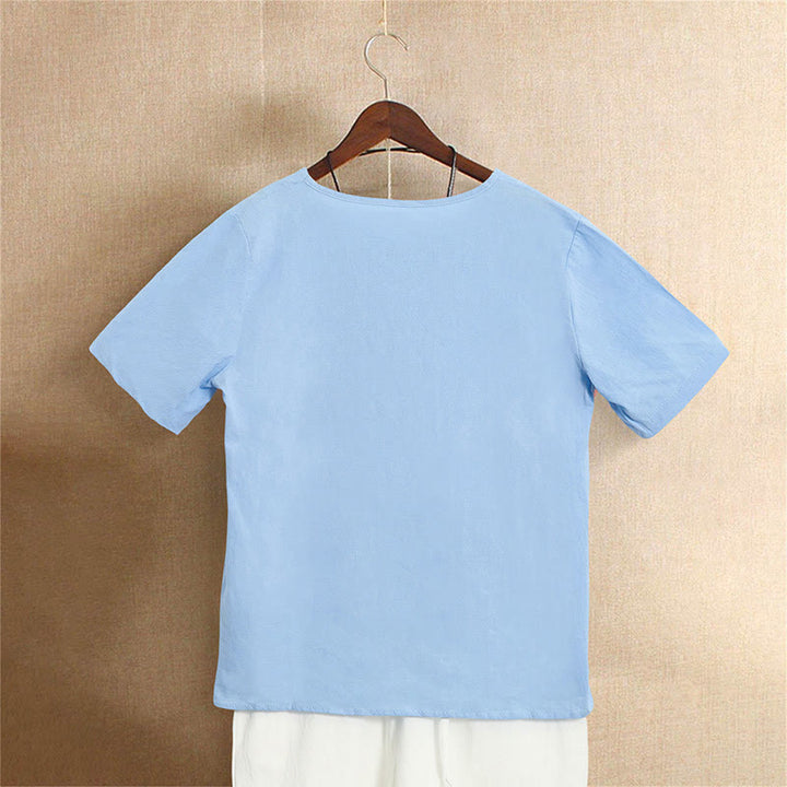 Buddha Stones Lässiges Sommer-T-Shirt für Damen, einfarbig, Jacquard-Muster, Rundhalsausschnitt, Kurzarm, mit Knopfleiste - image 16