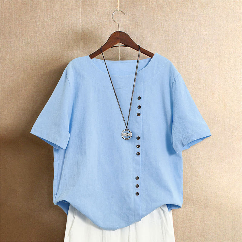 Buddha Stones Lässiges Sommer-T-Shirt für Damen, einfarbig, Jacquard-Muster, Rundhalsausschnitt, Kurzarm, mit Knopfleiste - Hellblau - US18, UK/AU22, EU50 (5XL) - image 15