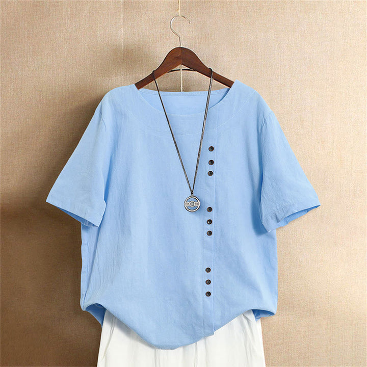 Buddha Stones Lässiges Sommer-T-Shirt aus reiner Farbe mit Jacquard-Knopf und Rundhalsausschnitt aus Baumwolle für Damen, kurzärmelig - HellHimmelBlau - US20， UK/AU24，EU52 (5XL) - image 15