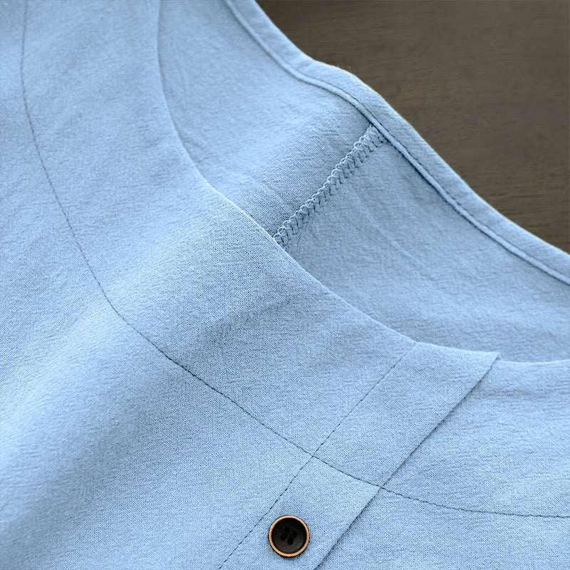 Buddha Stones Lässiges Sommer-T-Shirt für Damen, einfarbig, Jacquard-Muster, Rundhalsausschnitt, Kurzarm, mit Knopfleiste - image 17