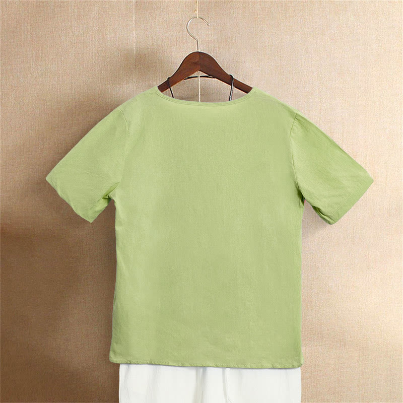 Buddha Stones Lässiges Sommer-T-Shirt für Damen, einfarbig, Jacquard-Muster, Rundhalsausschnitt, Kurzarm, mit Knopfleiste - image 21
