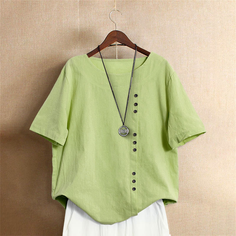 Buddha Stones Lässiges Sommer-T-Shirt aus reiner Farbe mit Jacquard-Knopf und Rundhalsausschnitt aus Baumwolle für Damen, kurzärmelig - Hellgrün - US20， UK/AU24，EU52 (5XL) - image 20