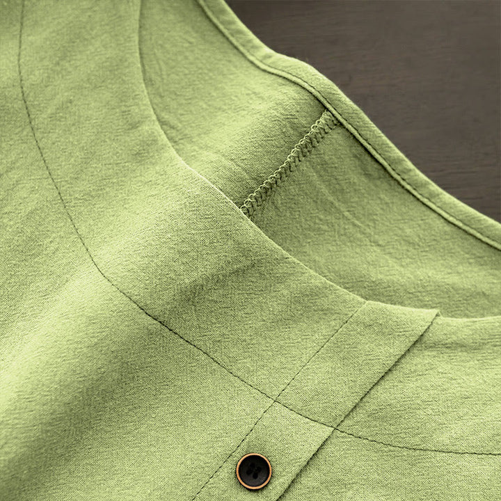 Buddha Stones Lässiges Sommer-T-Shirt aus reiner Farbe mit Jacquard-Knopf und Rundhalsausschnitt aus Baumwolle für Damen, kurzärmelig - image 22
