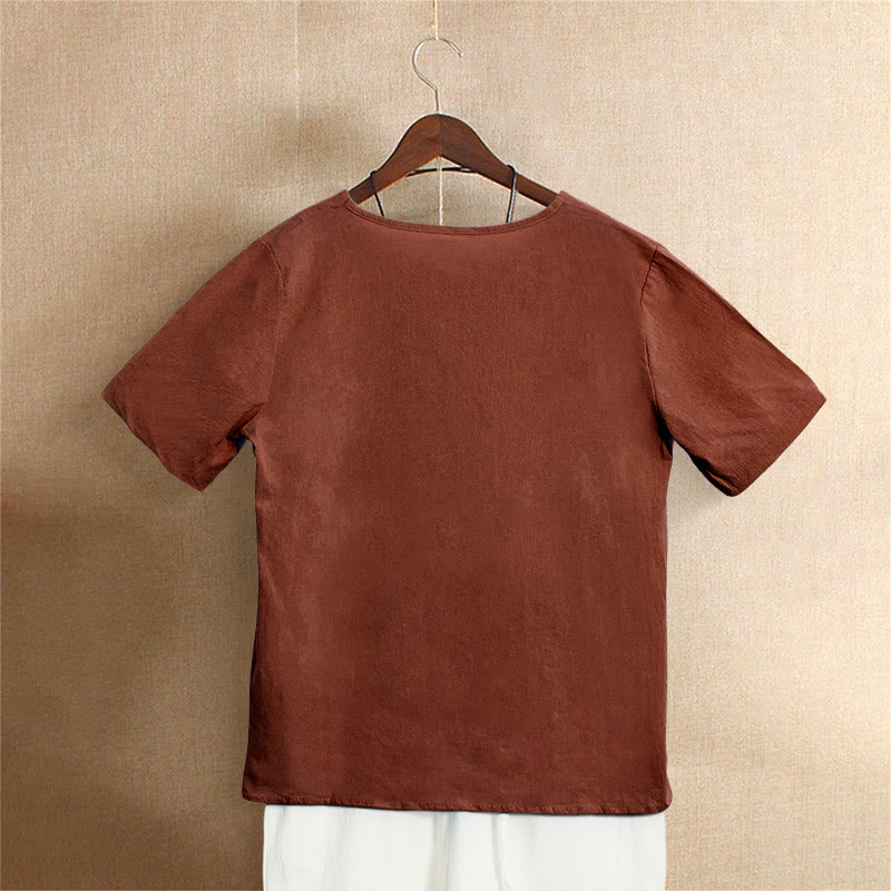 Buddha Stones Lässiges Sommer-T-Shirt aus reiner Farbe mit Jacquard-Knopf und Rundhalsausschnitt aus Baumwolle für Damen, kurzärmelig - image 26