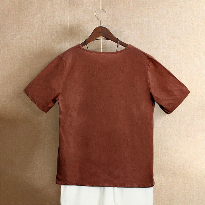 Buddha Stones Lässiges Sommer-T-Shirt aus reiner Farbe mit Jacquard-Knopf und Rundhalsausschnitt aus Baumwolle für Damen, kurzärmelig - image 26