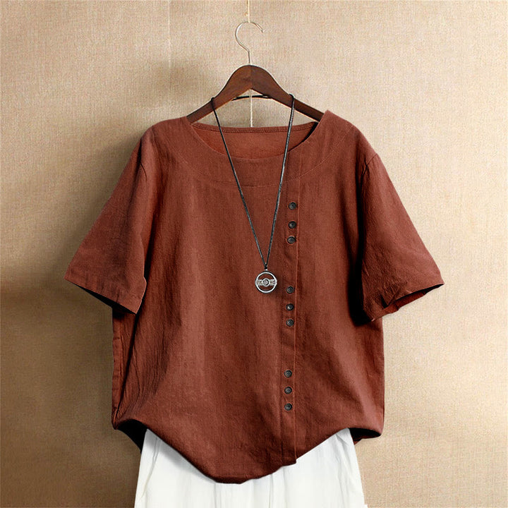 Buddha Stones Lässiges Sommer-T-Shirt aus reiner Farbe mit Jacquard-Knopf und Rundhalsausschnitt aus Baumwolle für Damen, kurzärmelig - Sienna - US18, UK/AU22, EU50 (5XL) - image 25