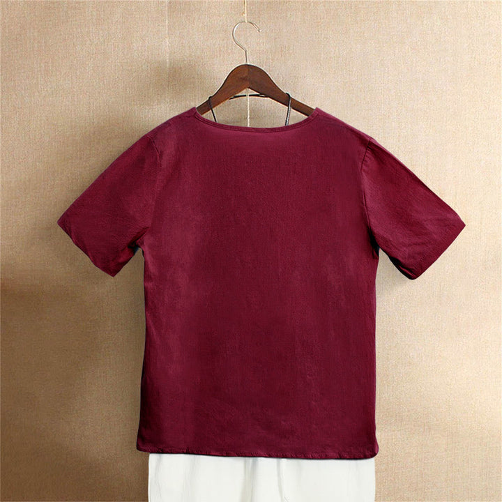 Buddha Stones Lässiges Sommer-T-Shirt aus reiner Farbe mit Jacquard-Knopf und Rundhalsausschnitt aus Baumwolle für Damen, kurzärmelig - image 31