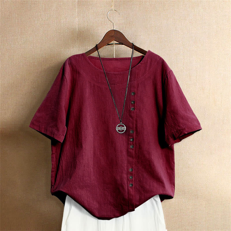 Buddha Stones Lässiges Sommer-T-Shirt aus reiner Farbe mit Jacquard-Knopf und Rundhalsausschnitt aus Baumwolle für Damen, kurzärmelig - Schamottestein - US20， UK/AU24，EU52 (5XL) - image 30