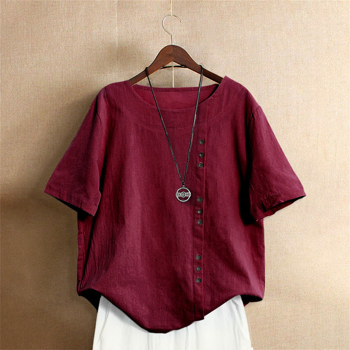 Buddha Stones Lässiges Sommer-T-Shirt aus reiner Farbe mit Jacquard-Knopf und Rundhalsausschnitt aus Baumwolle für Damen, kurzärmelig - Schamottestein - US20， UK/AU24，EU52 (5XL) - image 30