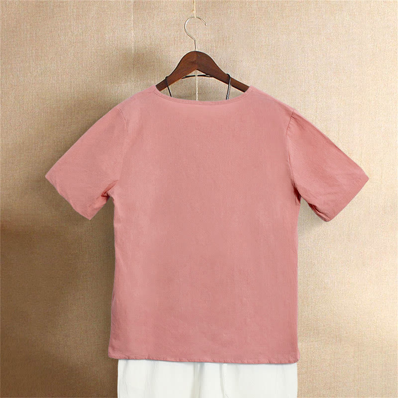 Buddha Stones Lässiges Sommer-T-Shirt aus reiner Farbe mit Jacquard-Knopf und Rundhalsausschnitt aus Baumwolle für Damen, kurzärmelig - image 36