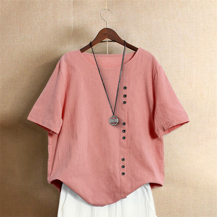 Buddha Stones Lässiges Sommer-T-Shirt aus reiner Farbe mit Jacquard-Knopf und Rundhalsausschnitt aus Baumwolle für Damen, kurzärmelig - Lachs - US18, UK/AU22, EU50 (5XL) - image 35