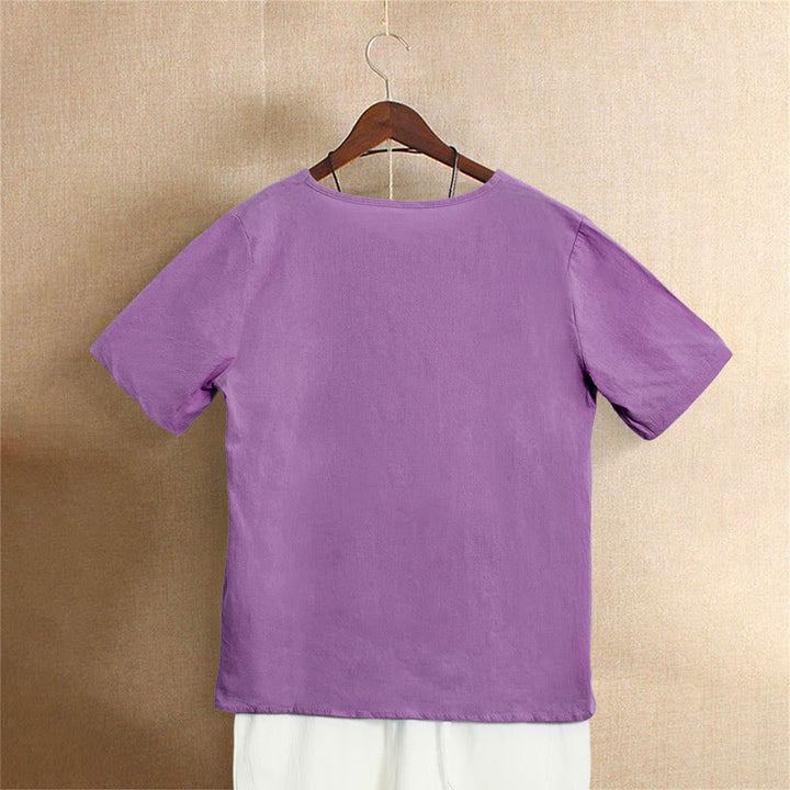 Buddha Stones Lässiges Sommer-T-Shirt aus reiner Farbe mit Jacquard-Knopf und Rundhalsausschnitt aus Baumwolle für Damen, kurzärmelig - image 41