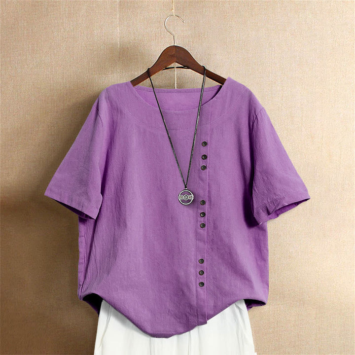 Buddha Stones Lässiges Sommer-T-Shirt aus reiner Farbe mit Jacquard-Knopf und Rundhalsausschnitt aus Baumwolle für Damen, kurzärmelig - Mittelgroße Orchidee - US20， UK/AU24，EU52 (5XL) - image 40
