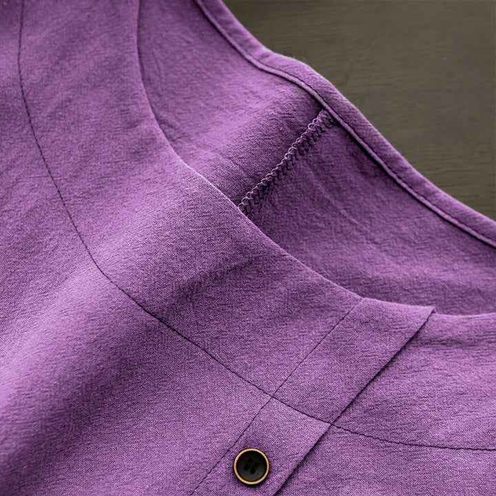 Buddha Stones Lässiges Sommer-T-Shirt aus reiner Farbe mit Jacquard-Knopf und Rundhalsausschnitt aus Baumwolle für Damen, kurzärmelig - image 42