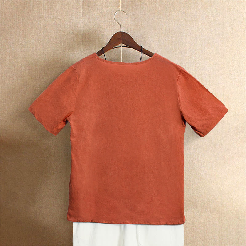 Buddha Stones Lässiges Sommer-T-Shirt aus reiner Farbe mit Jacquard-Knopf und Rundhalsausschnitt aus Baumwolle für Damen, kurzärmelig - image 46