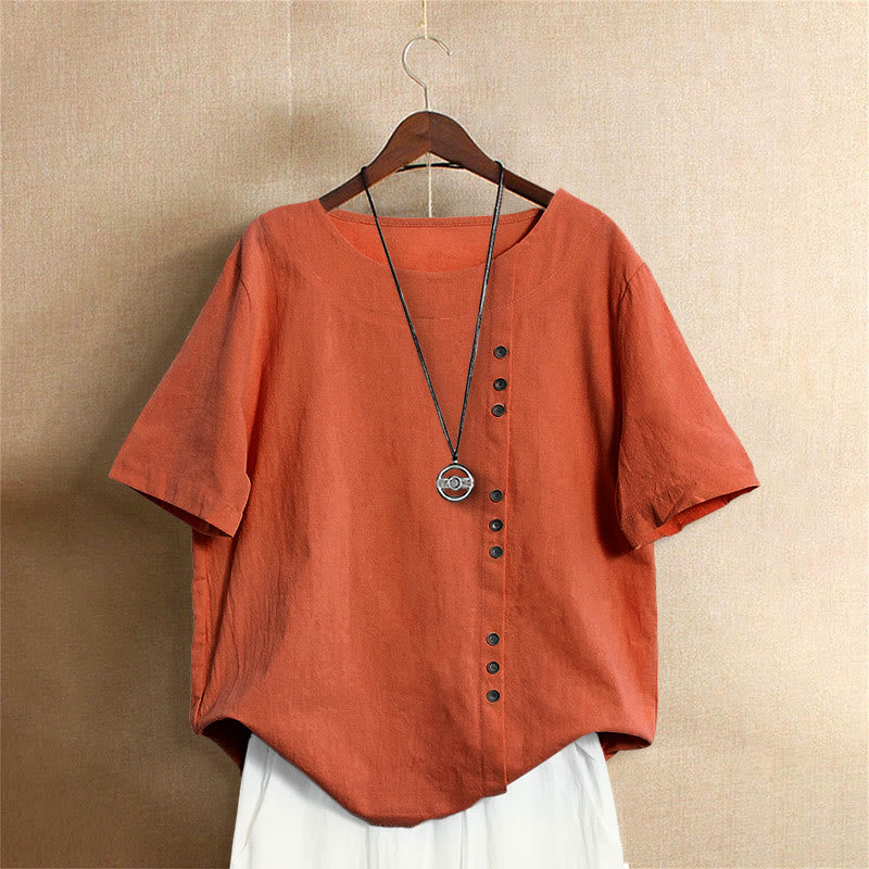 Buddha Stones Lässiges Sommer-T-Shirt aus reiner Farbe mit Jacquard-Knopf und Rundhalsausschnitt aus Baumwolle für Damen, kurzärmelig - Orangerot - US18, UK/AU22, EU50 (5XL) - image 45
