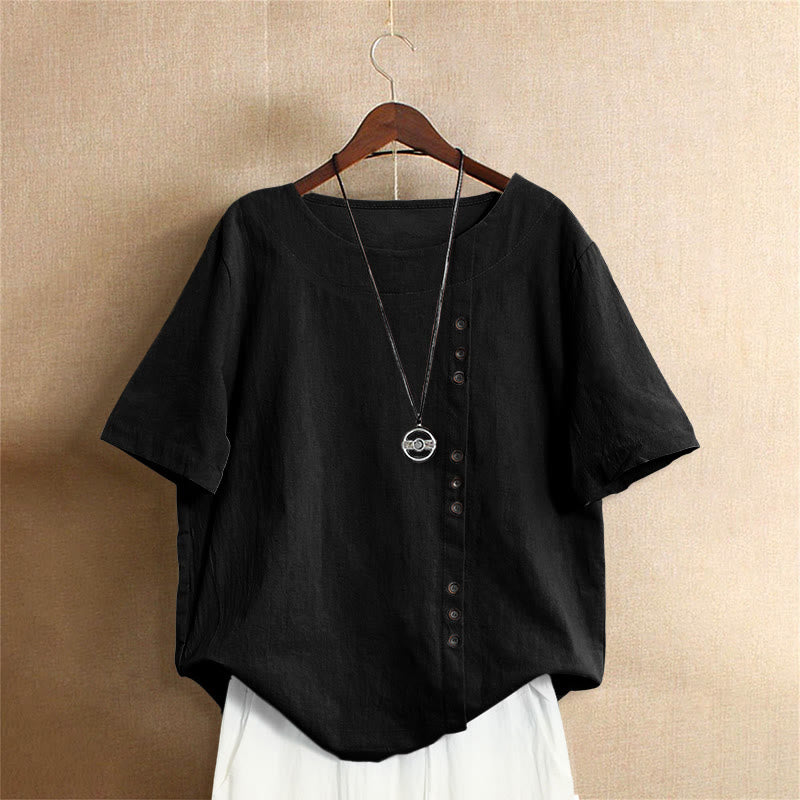 Buddha Stones Lässiges Sommer-T-Shirt aus reiner Farbe mit Jacquard-Knopf und Rundhalsausschnitt aus Baumwolle für Damen, kurzärmelig - Schwarz - US20， UK/AU24，EU52 (5XL) - image 50