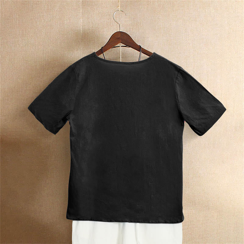 Buddha Stones Lässiges Sommer-T-Shirt aus reiner Farbe mit Jacquard-Knopf und Rundhalsausschnitt aus Baumwolle für Damen, kurzärmelig - image 51