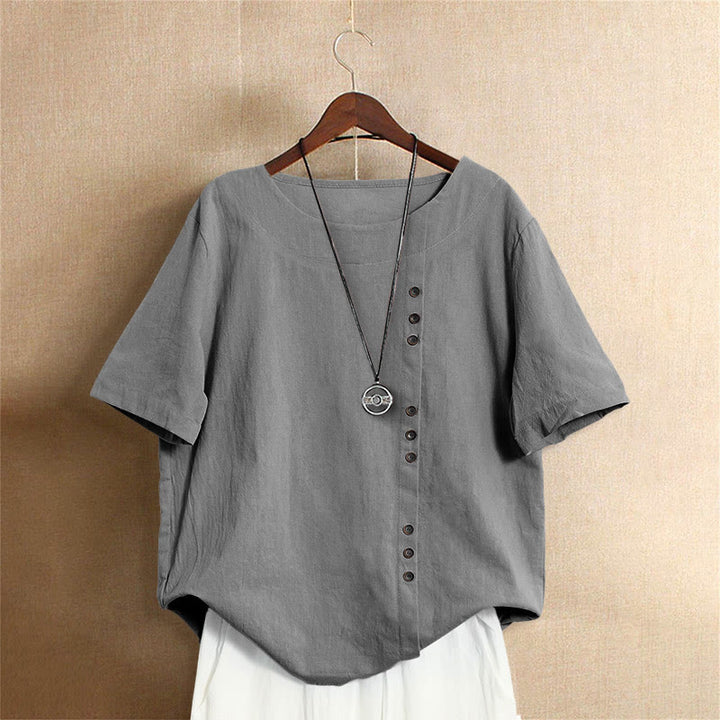 Buddha Stones Lässiges Sommer-T-Shirt aus reiner Farbe mit Jacquard-Knopf und Rundhalsausschnitt aus Baumwolle für Damen, kurzärmelig - Grau - US18, UK/AU22, EU50 (5XL) - image 55
