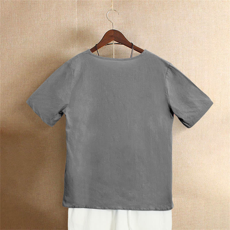 Buddha Stones Lässiges Sommer-T-Shirt aus reiner Farbe mit Jacquard-Knopf und Rundhalsausschnitt aus Baumwolle für Damen, kurzärmelig - image 56