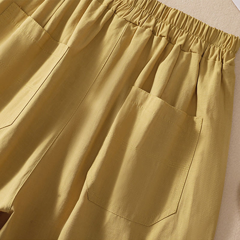 Buddha Stones Sommer Casual Elastische Taille Plain Damen Polyester Shorts Mit Taschen - image 28