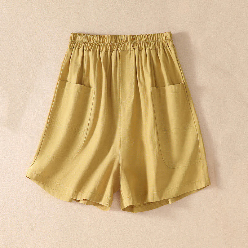 Buddha Stones Sommer Casual Elastische Taille Plain Damen Polyester Shorts Mit Taschen