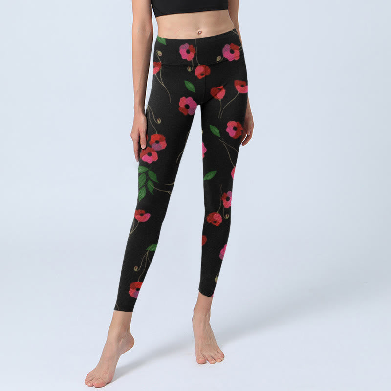 Buddha Stones, leuchtend rote Blumen, grüne Blätter, Druck, Gym-Leggings, Damen-Yogahose - image 5