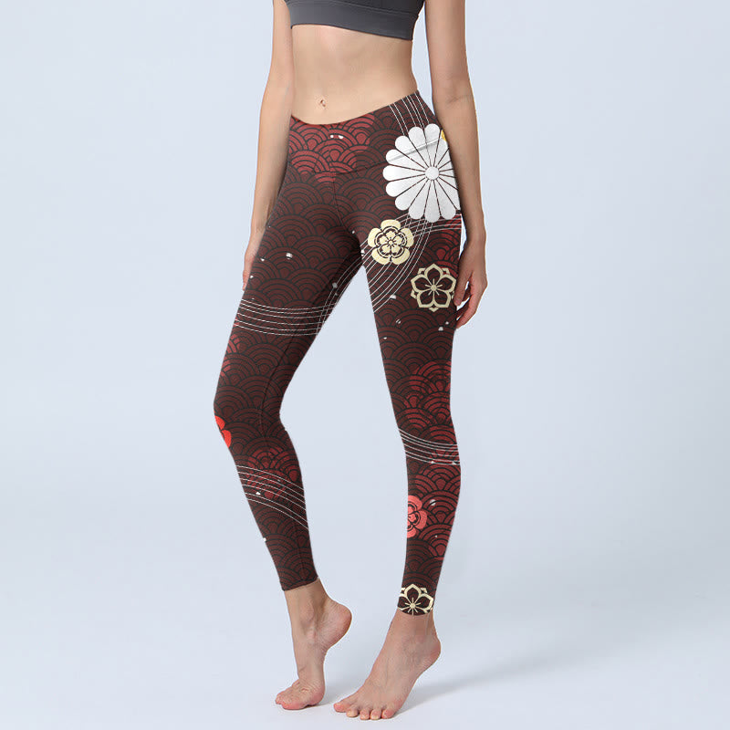 Buddha Stones Rotbraune Leggings mit floralem, fächerförmigem Wellendruck für das Fitnessstudio für Damen - Sattelbraun - US18， UK/AU22，EU50 (4XL) - image 1