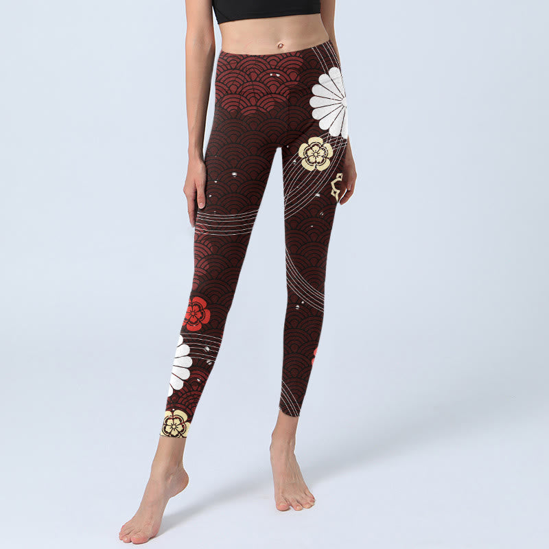 Buddha Stones Rotbraune Leggings mit floralem, fächerförmigem Wellendruck für das Fitnessstudio für Damen - image 6