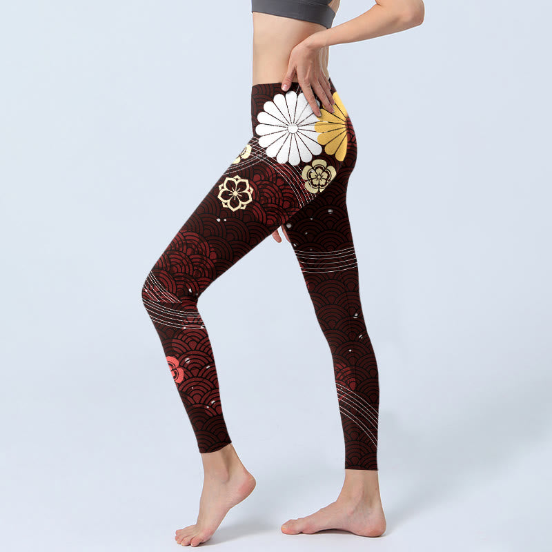 Buddha Stones Rotbraune Leggings mit floralem, fächerförmigem Wellendruck für das Fitnessstudio für Damen - image 3