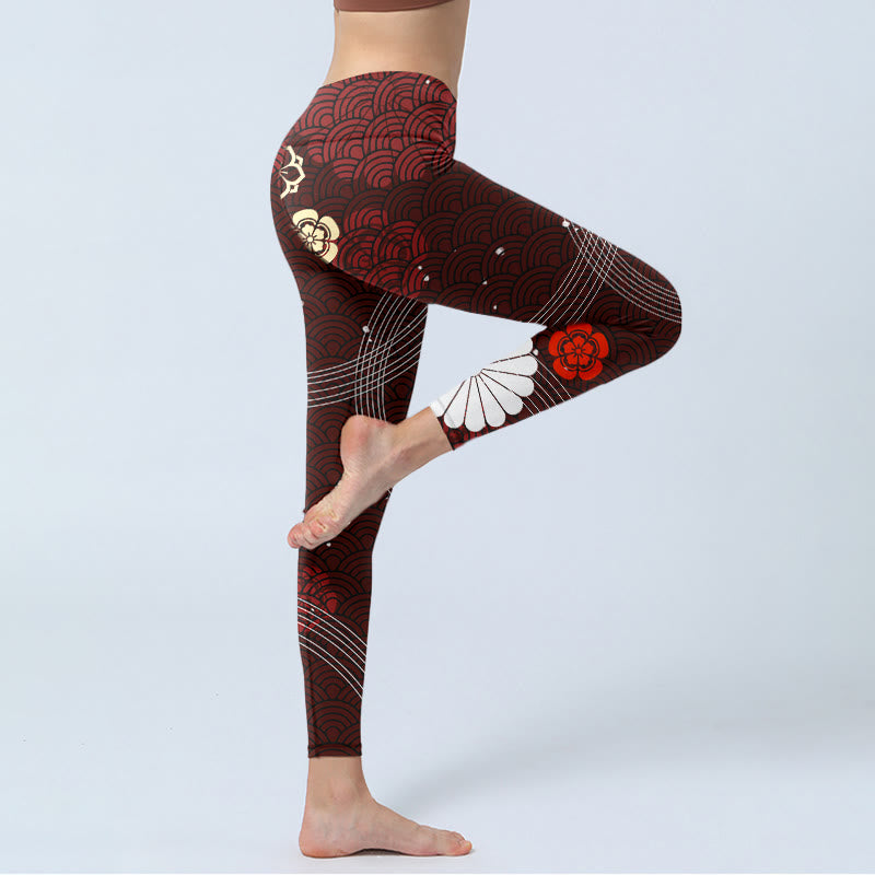 Buddha Stones Rotbraune Leggings mit floralem, fächerförmigem Wellendruck für das Fitnessstudio für Damen - image 4