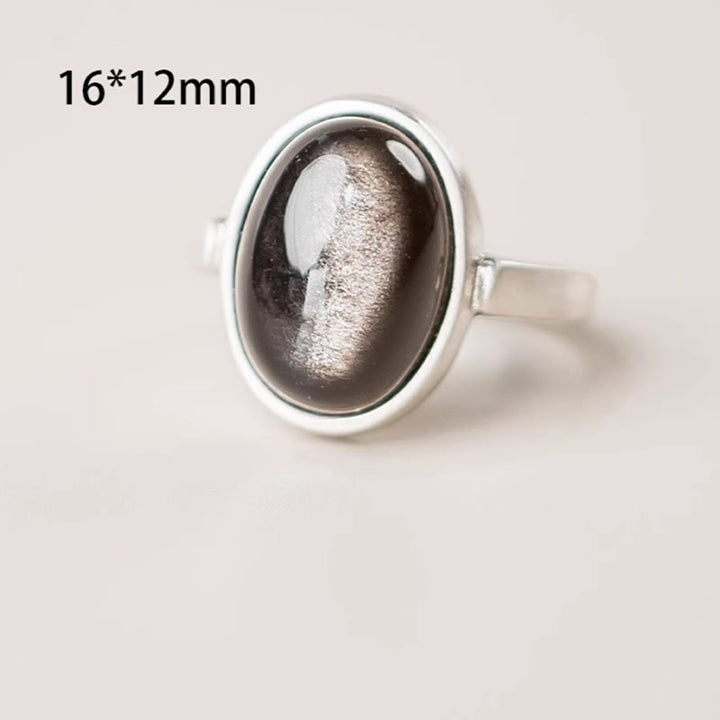 Buddha Stones Natürlicher 925 Sterling Silber Silber Glanz Obsidian Verstellbarer Schutzring