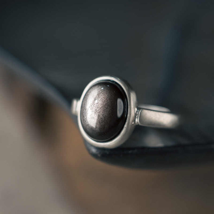 Buddha Stones Natürlicher 925 Sterling Silber Silber Glanz Obsidian Verstellbarer Schutzring