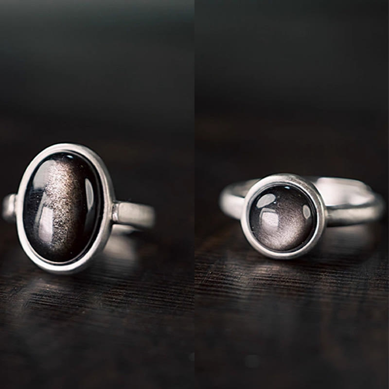 Buddha Stones Natürlicher 925 Sterling Silber Silber Glanz Obsidian Verstellbarer Schutzring