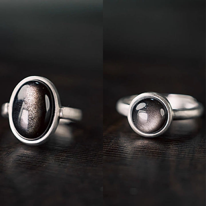 Buddha Stones Natürlicher 925 Sterling Silber Silber Glanz Obsidian Verstellbarer Schutzring