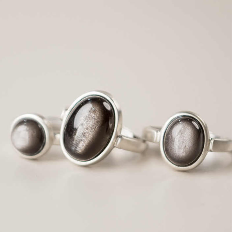 Buddha Stones Natürlicher 925 Sterling Silber Silber Glanz Obsidian Verstellbarer Schutzring