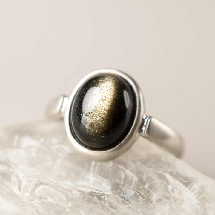 Buddha Stones Natürlicher 925 Sterling Silber Gold Glanz Obsidian Verstellbarer Reichtumsring