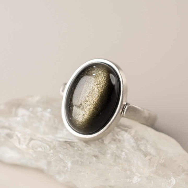Buddha Stones Natürlicher 925 Sterling Silber Gold Glanz Obsidian Verstellbarer Reichtumsring
