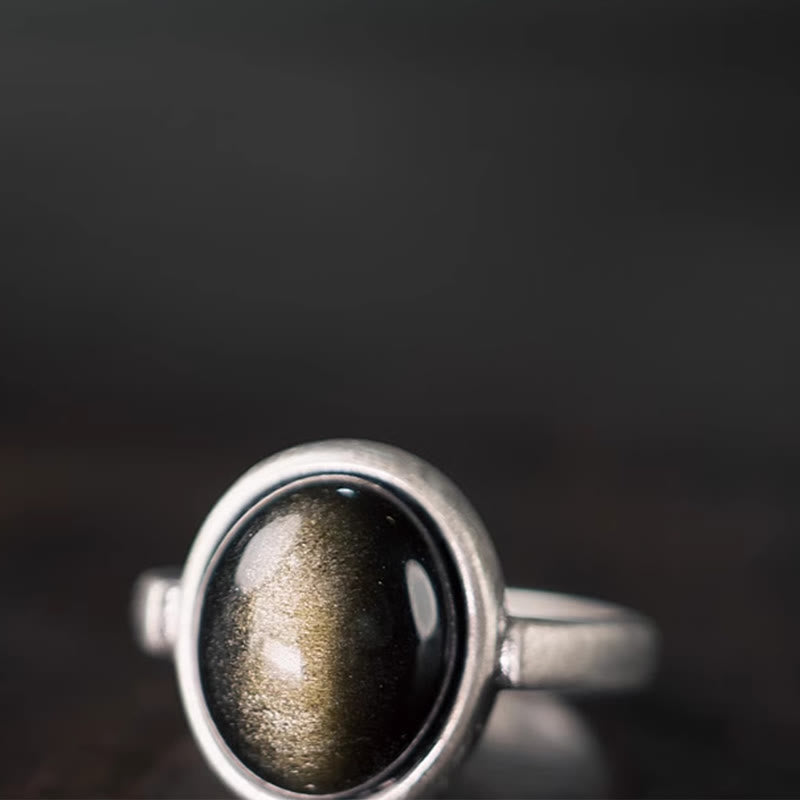 Buddha Stones Natürlicher 925 Sterling Silber Gold Glanz Obsidian Verstellbarer Reichtumsring