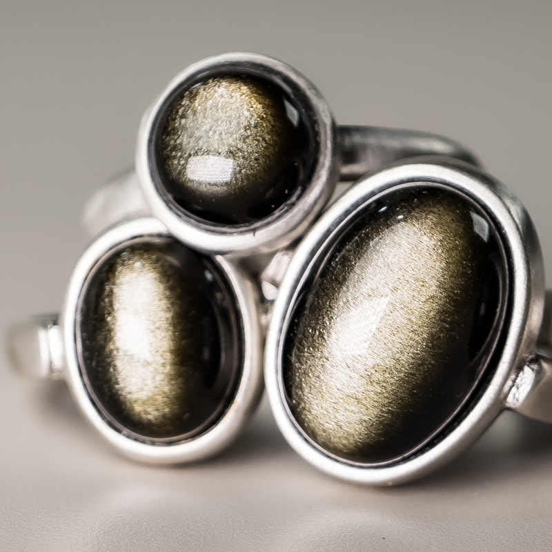 Buddha Stones Natürlicher 925 Sterling Silber Gold Glanz Obsidian Verstellbarer Reichtumsring