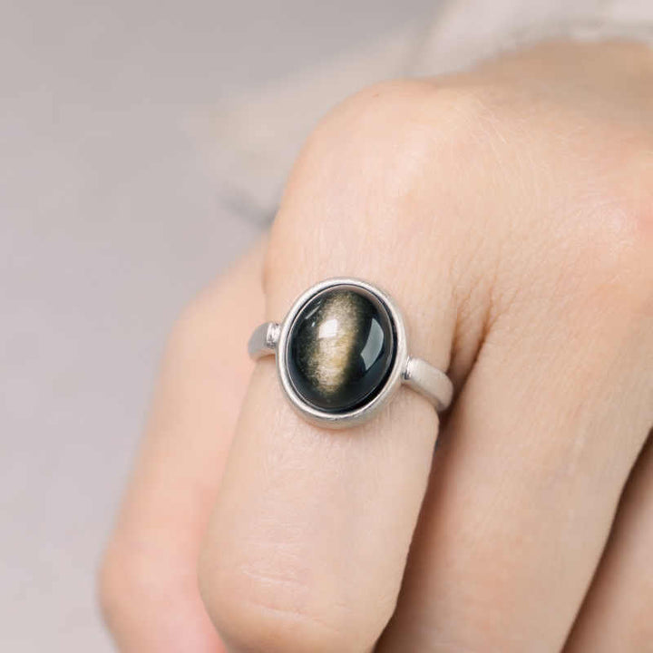 Buddha Stones Natürlicher 925 Sterling Silber Gold Glanz Obsidian Verstellbarer Reichtumsring
