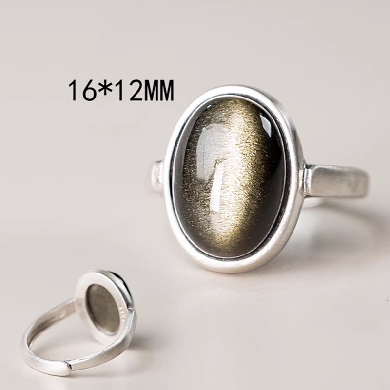 Buddha Stones Natürlicher 925 Sterling Silber Gold Glanz Obsidian Verstellbarer Reichtumsring