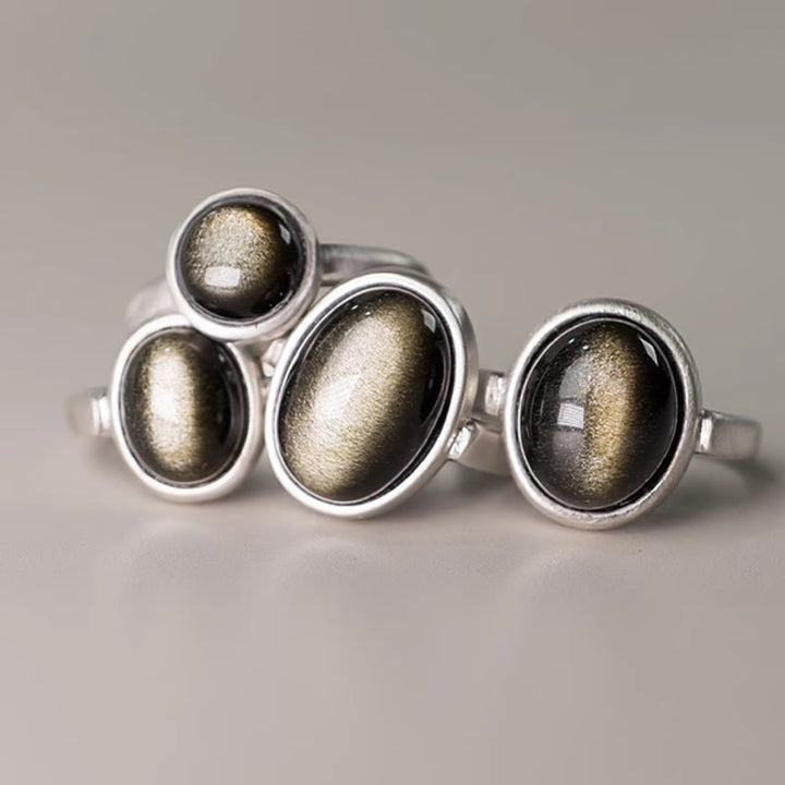 Buddha Stones Natürlicher 925 Sterling Silber Gold Glanz Obsidian Verstellbarer Reichtumsring