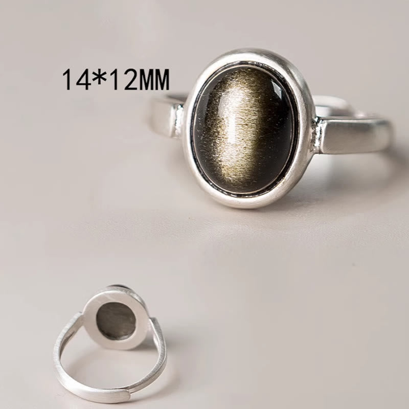 Buddha Stones Natürlicher 925 Sterling Silber Gold Glanz Obsidian Verstellbarer Reichtumsring