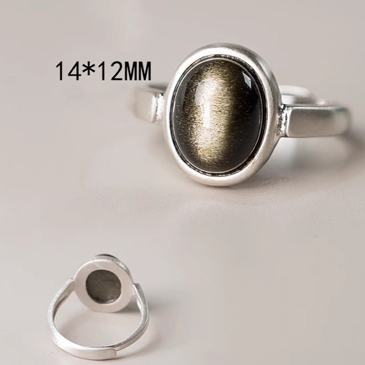 Buddha Stones Natürlicher 925 Sterling Silber Gold Glanz Obsidian Verstellbarer Reichtumsring