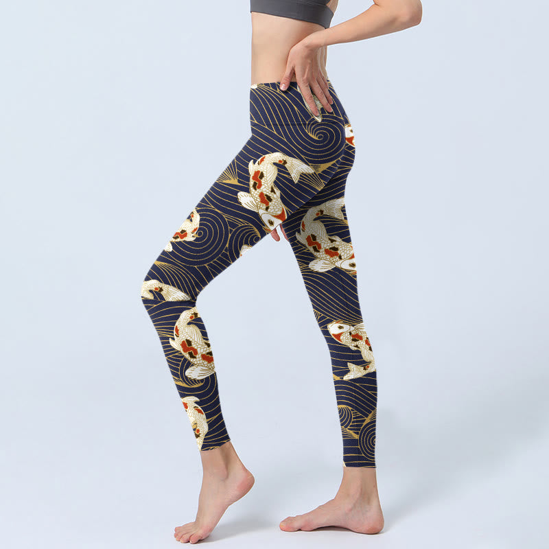 Buddha Stones Weiß Rot Koi Fisch Ozean Wellen Print Gym Leggings Damen Yoga Hose - image 3