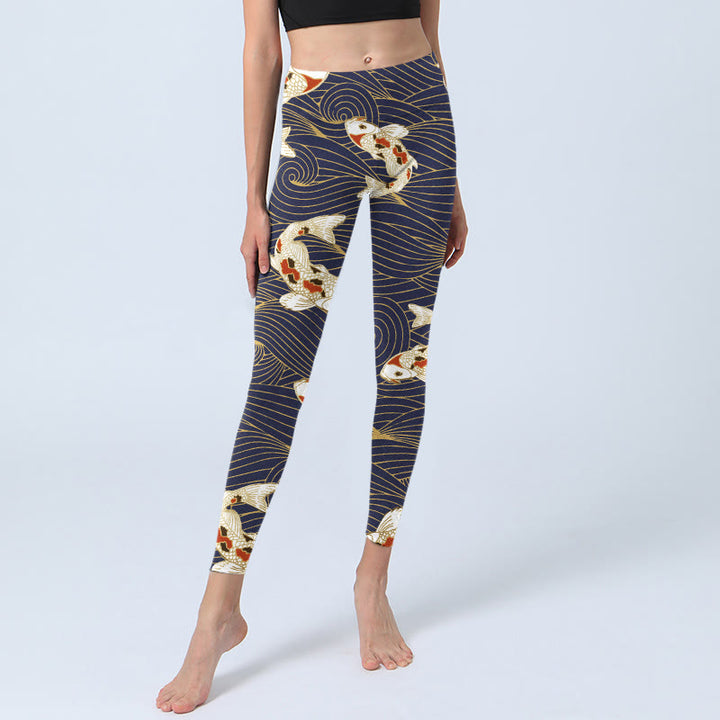 Buddha Stones Weiß Rot Koi Fisch Ozean Wellen Print Gym Leggings Damen Yoga Hose - image 1