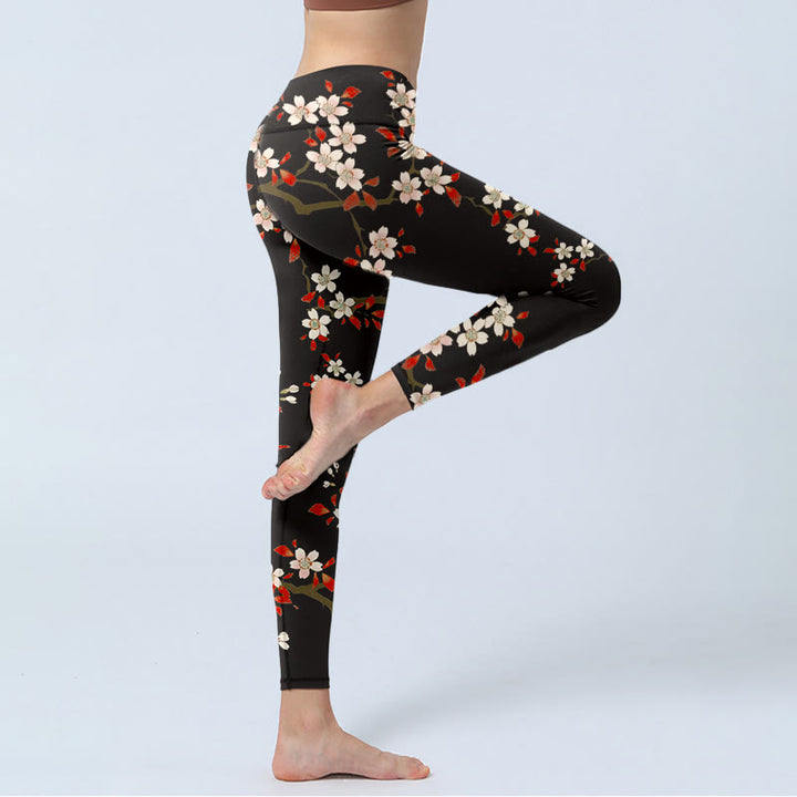 Buddha Stones Weiße Kirschblüten Rote Blätter Print Gym Leggings Damen Yogahose - image 3